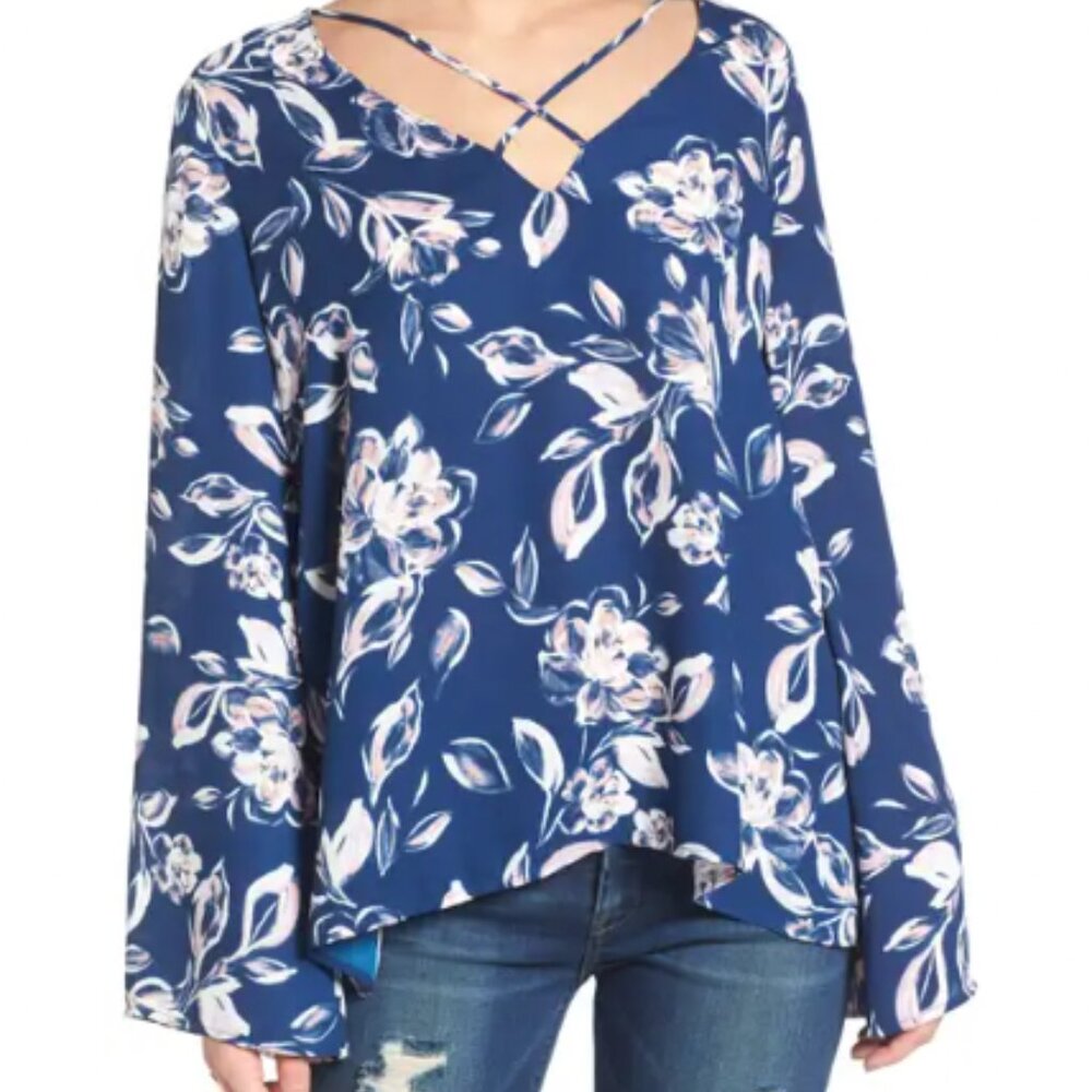 All In Favor Cross Front Blouse in Navy Floral